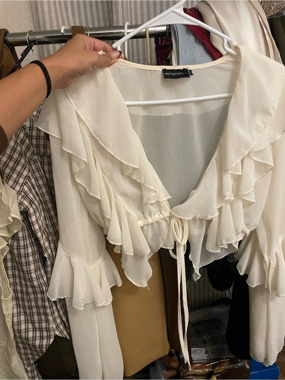 PrettyLittleThing Cream Ruffle Tie-Front Blouse